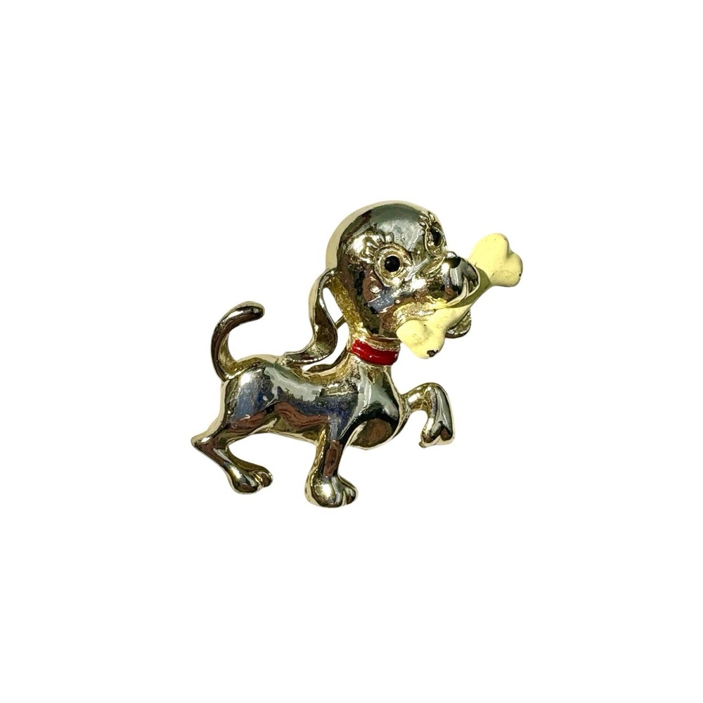 Vintage Silver Tone Enamel Dog Bone Red Collar Cute Puppy Brooch Pin